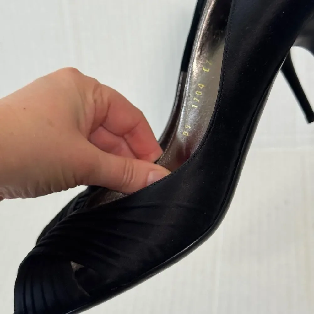 Salvatore Ferragamo Black Satin Peep Toe Pumps Heels Womens 9.5 Classic Luxury